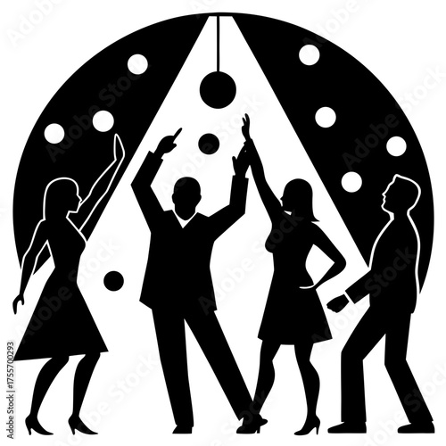 Silhouettes of people dancing at a party on transparent background