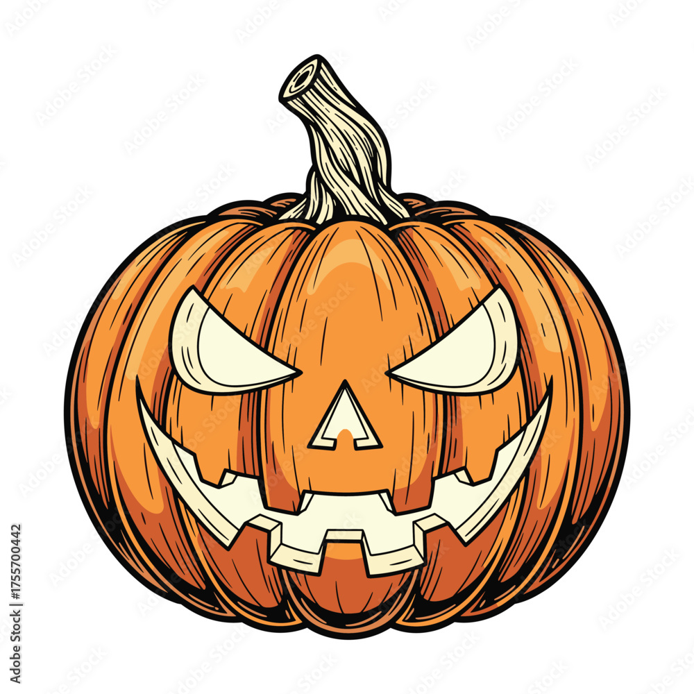 Fototapeta premium Spooky carved jack o lantern with glowing eyes and jagged teeth grinning menacingly.