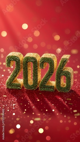 2026 Golden New Year Banner with Pine Numbers on Red Sparkling Background