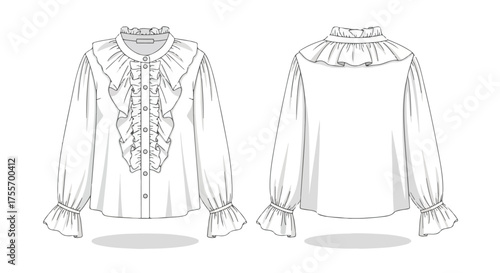 Detailed technical fashion sketch of a women's ruffle front blouse with a high collar and long sleeves for fashion design visualisation