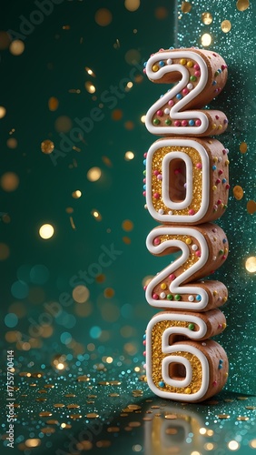 Gingerbread Cookie Numbers 2026 with Icing and Sprinkles on green Glitter Background