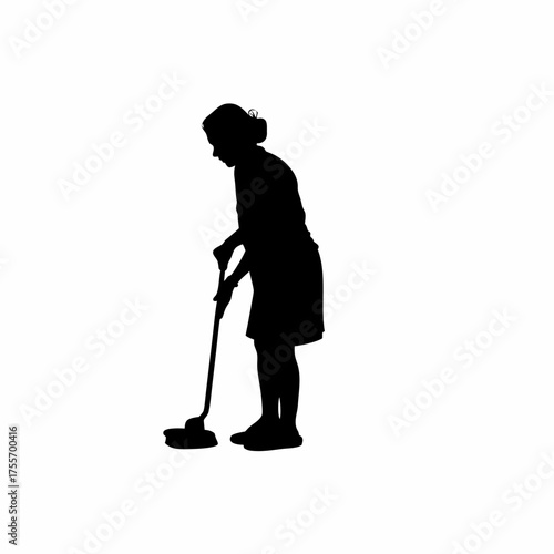 Silhouette of a recovery nurse cleaning a rehab room isolated on white background