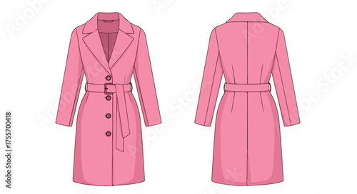 Technical drawing of a pink belted trench coat showcasing both front and back views for fashion design illustration design concept