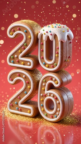 Gingerbread Cookie Numbers 2026 with Icing and Sprinkles on Red Glitter Background