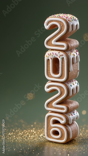 Gingerbread Cookie Numbers 2026 with Icing and Sprinkles on green Glitter Background