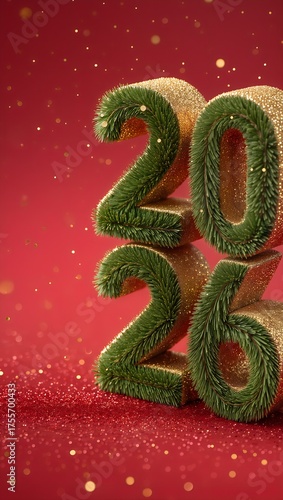 2026 Golden New Year Banner with Pine Numbers on Red Sparkling Background