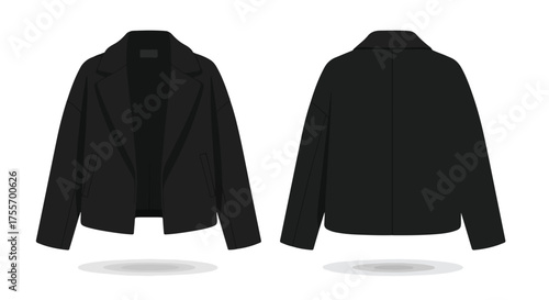 Modern black short blazer front and back view showcased against a white backdrop for versatile presentations