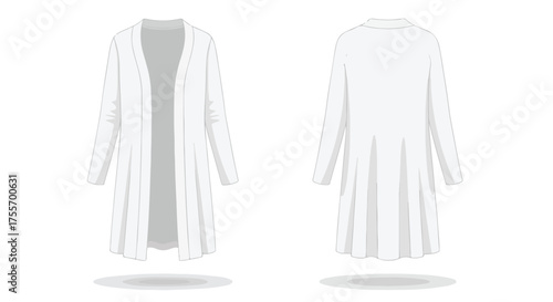 Elegant cardigan illustration: Showcasing the front and back designs of a sophisticated white garment, emphasizing its flowy silhouette and modern