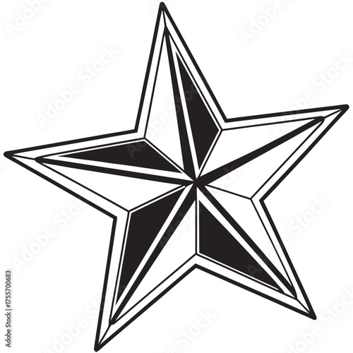 A stylized black and white five pointed star with sharp geometric lines and shading creating a dimensional effect silver star on white background