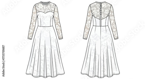 Technical fashion drawing of a long-sleeved, floral-lace embellished wedding dress with a fitted bodice and full skirt showing front and back views