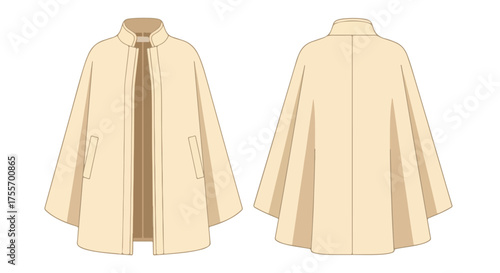 Technical flat sketch depicting a beige cape coat with a stand-up collar, shown in front and back views, on a white background