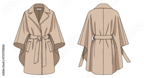 Elegant beige cape coat technical drawing, front and back view, fashionable garment for pattern making and style design illustrations