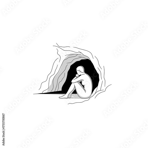 A solitary figure in a cave, symbolizing introspection, isolation, and the search for inner peace, isolated on white background a minimalist and evocative artwork
