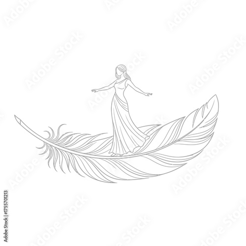 A minimalist line art illustration of a woman standing on a feather, isolated on white background, symbolizing lightness, freedom, and ethereal beauty