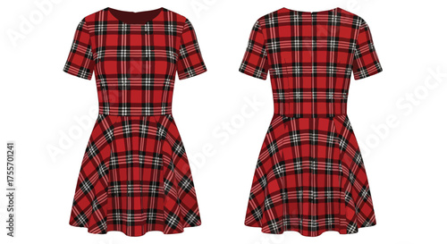 Red Tartan Flared Dress on a White Background with Front and Back Views for Fashion Illustration and Catalog Showcasing