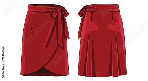 Charming scarlet wrap skirt in versatile style, showcased front and back, radiating elegance and timeless design perfect for diverse fashion projects