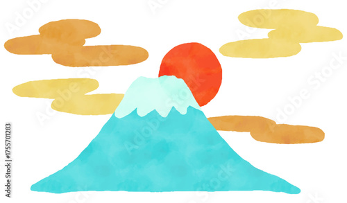 太陽と雲と富士山の水彩風手描きイラスト