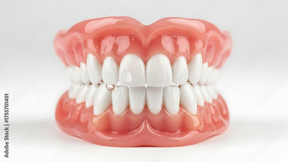 Obraz premium A complete set of upper and lower dentures, in excellent condition, neatly arranged against a smooth, clean background. 