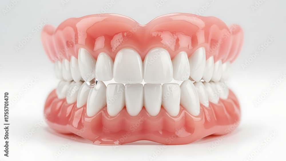 Obraz premium A complete set of upper and lower dentures, in excellent condition, neatly arranged against a smooth, clean background. 