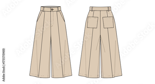 Technical drawing of elegant culottes in front and back view for fashion design product visualization and fashion-related purposes
