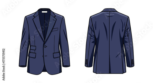 Illustration of a stylish navy blue suit jacket showcasing both front and back views for apparel design inspiration