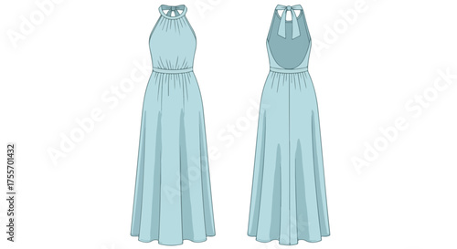 Elegant halterneck gown design in serene light blue, showcasing both the front and the back details of the garment, a vector illustration