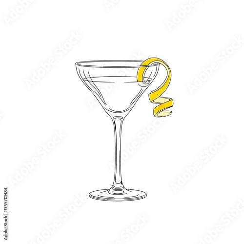 Illustration of a clear cocktail glass with a lemon twist garnish, isolated on white background, showcasing a classic and elegant drink presentation for bars