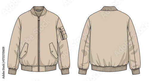 Technical apparel illustration displaying front and back views of a bomber jacket in neutral earth tone with practical pockets and snug ribbed cuffs