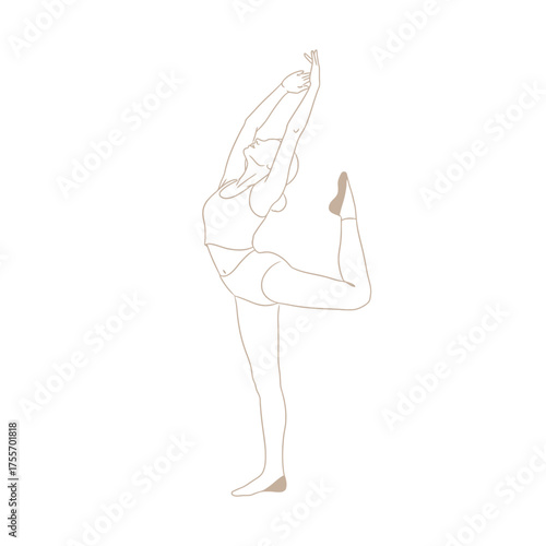 A minimalist line art illustration isolated on white background of a woman in a yoga pose, gracefully balancing on one leg with arms raised, embodying flexibility and strength
