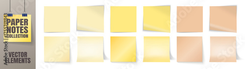 Realistic paper notes collection. Torn notebook pages and blank memo sheets with shadow and curled corners. Vector stationery set on transparent background