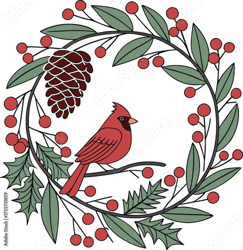A charming red cardinal perches on a branch within a festive circular wreath adorned with pinecones holly leaves and red berries against a black background vector illustration of a bird