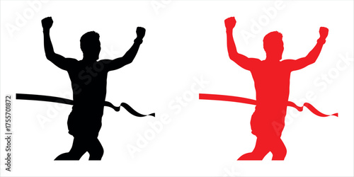 Silhouette of a runner crossing the finish line in a marathon — symbolizing victory, achievement, and success. Vector illustration.
