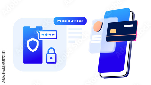 Secure mobile banking and online payment illustration. Protect your money concept with smartphone, credit card, and security lock in modern gradient style. save money safely. fintech, online banking