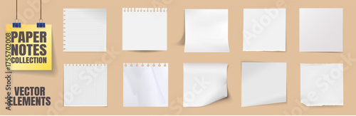 Realistic paper notes collection. Torn notebook pages and blank memo sheets with shadow and curled corners. Vector stationery set on transparent background