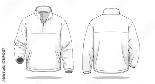 Technical sketch of a half-zip fleece pullover featuring front and back views on a plain white background showcasing garment construction details