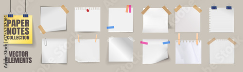 Realistic paper notes collection. Sticky memo sheets and torn notepad pages with clips, pins and tape. Polaroid frame. Office stationery reminder set on transparent background