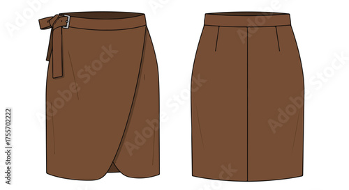 Illustration showcasing a brown wrap skirt design with a belted waist from both front and back perspectives providing a complete view of its style