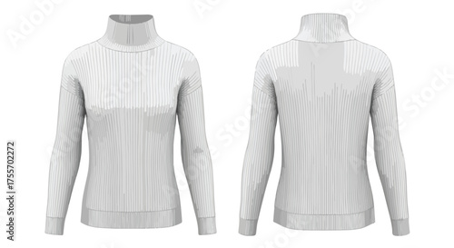 Elegant white ribbed knit turtleneck sweater showcasing front and back designs for fashion illustrations