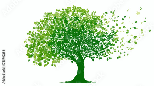 Stylized tree with green leaves blowing away