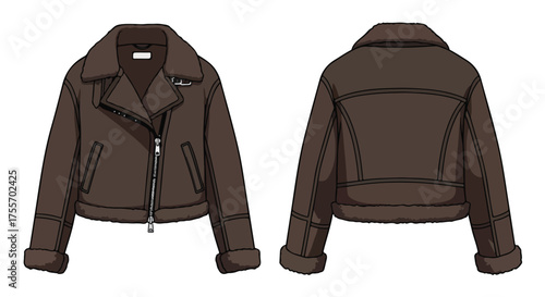 Fashionable Brown Aviator Jacket Illustration Showcase: Front and Back Views for Apparel Design and Visual Reference
