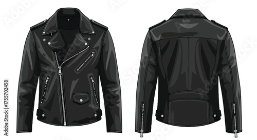 Illustrative portrayal of a classic black leather biker jacket, showcasing front and back perspectives, perfect for fashion or design presentations,
