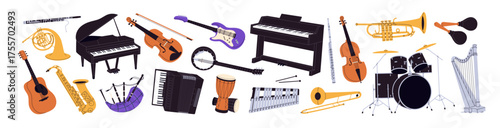Different musical instruments set. Various violins, drums, guitar, piano, saxophone to play classical music and jazz. Bagpipes, banjo, djembe. Flat isolated vector illustrations on white background
