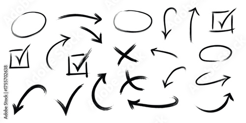 Collection of hand drawn black arrows circles checkmarks and crosses on white background