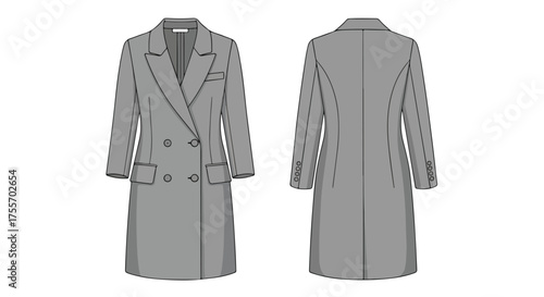 Elegant Double-Breasted Overcoat Technical Drawing for Fashion Design and Production Details Illustration