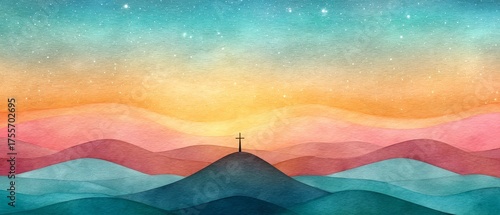 Spiritual sunrise over glowing cross peaceful landscape watercolor art divine light resurrection theme light of hope