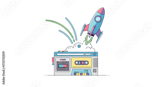 A stylized illustration of a cassette player launching a colorful rocket into the sky.