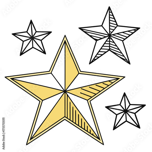 A collection of stylized five pointed stars in varying sizes and designs with yellow and white coloring and black outlines