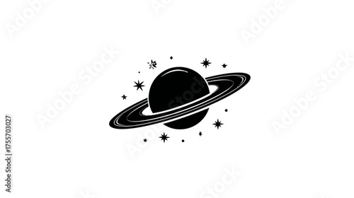 Black planet with rings, surrounded by stars