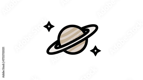 Cartoon planet with rings, and two stars, with black outline on white