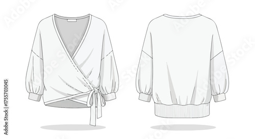 Fashionable women's wrap blouse technical drawing showcasing both the front and rear design perspectives, ideal for garment specification sheet